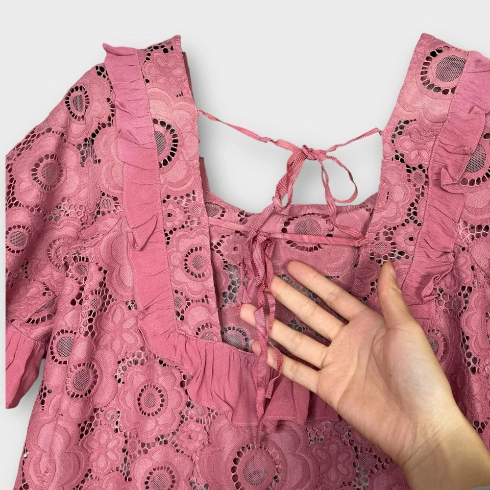 For Love & Lemons Sonya Lace Babydoll Mini Dress Floral Pink Size S Tie Back - Picture 6 of 13